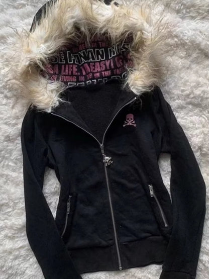 Y2K Black Fur Collar Zipper Sweatshirt Hoodie Sexy Women Sweatshirt Harajuku Goth Letter Graphic Print Slim Coat Winter Clothes